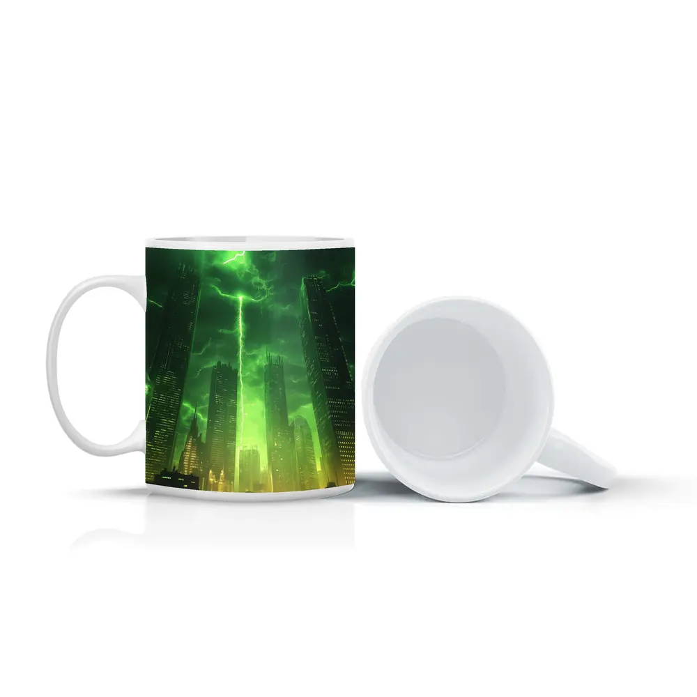 Green Lightning Storm Over Dark City Skyline – Mugs