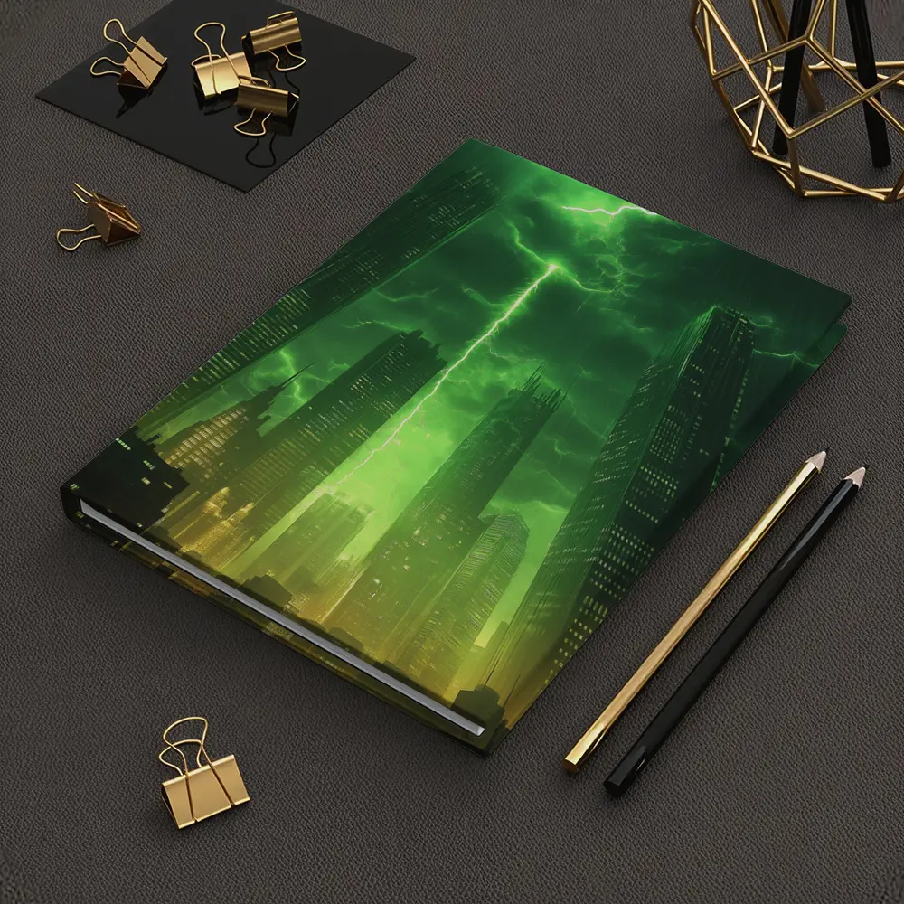 Green Lightning Storm Over Dark City Skyline – Notebooks
