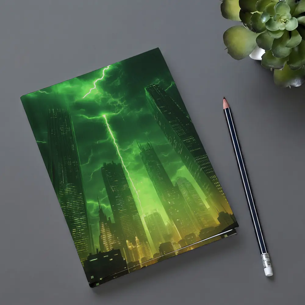 Green Lightning Storm Over Dark City Skyline – Notebooks