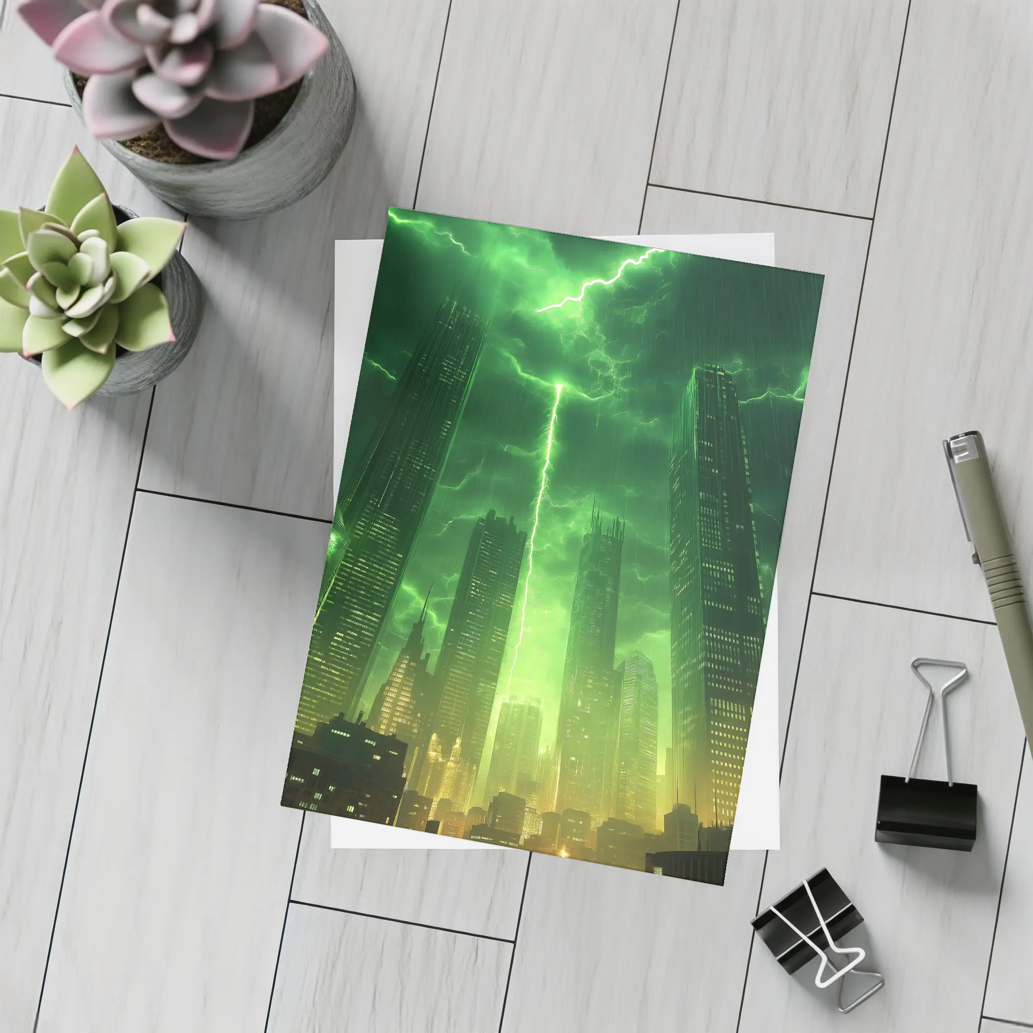 Green Lightning Storm Over Dark City Skyline – Postcards