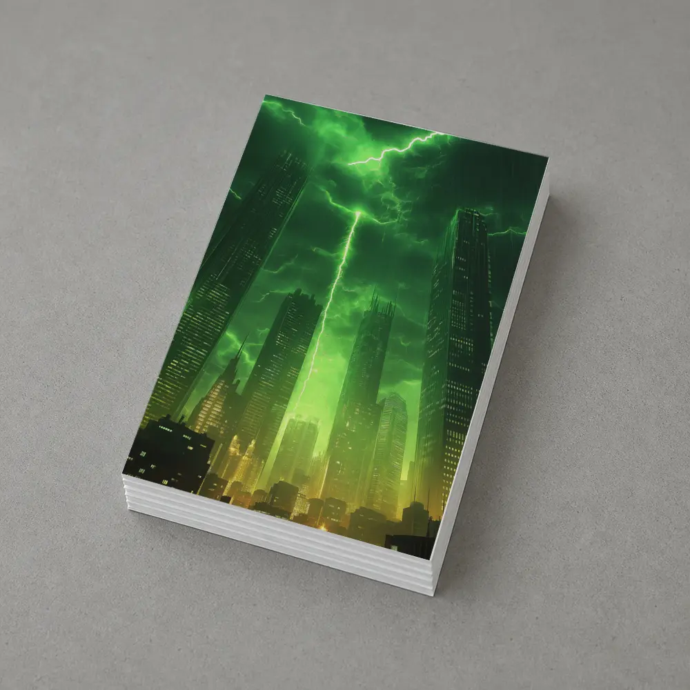 Green Lightning Storm Over Dark City Skyline – Postcards
