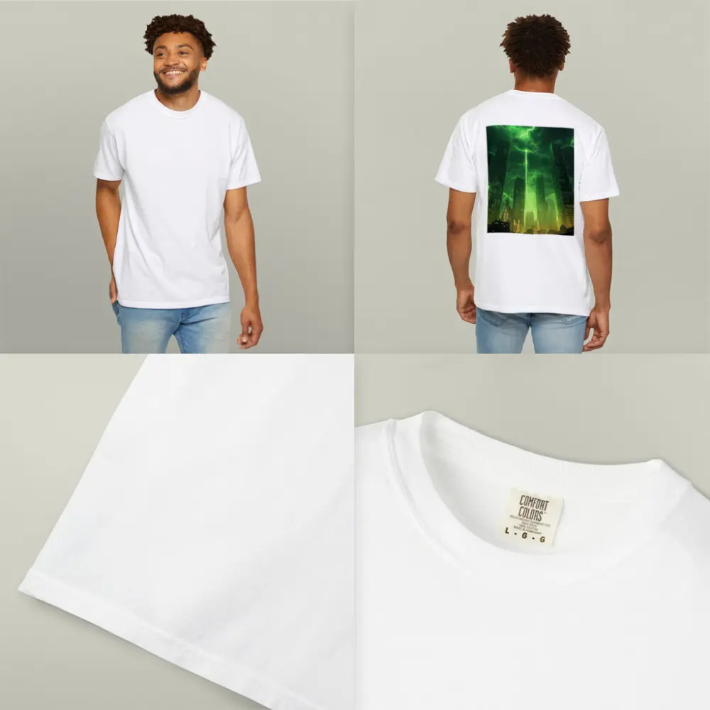 Green Lightning Storm Over Dark City Skyline – T-Shirts