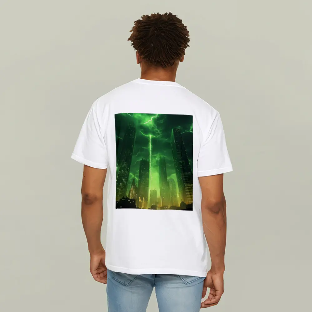 Green Lightning Storm Over Dark City Skyline – T-Shirts