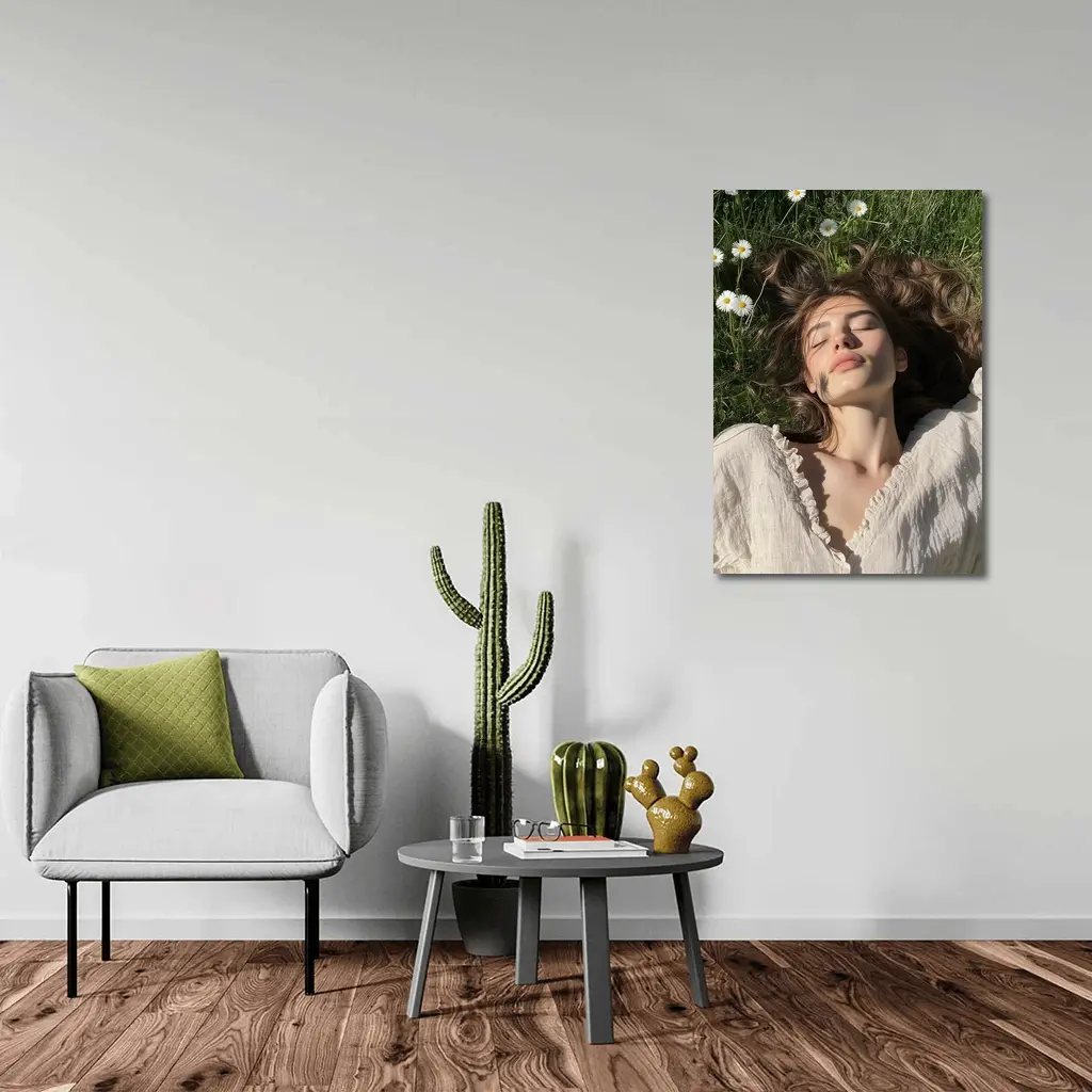 Young Woman Lying in Daisy Flower Field – Wall Art