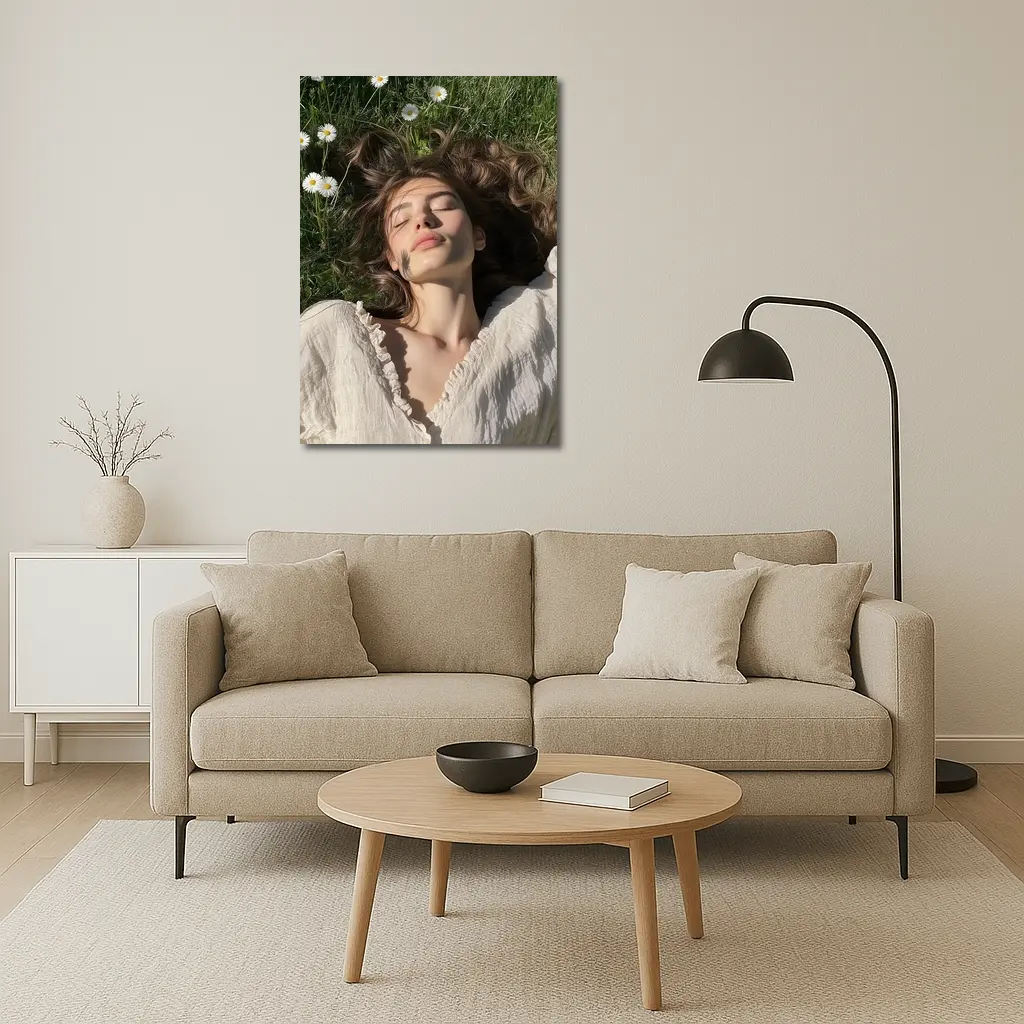 Young Woman Lying in Daisy Flower Field – Wall Art