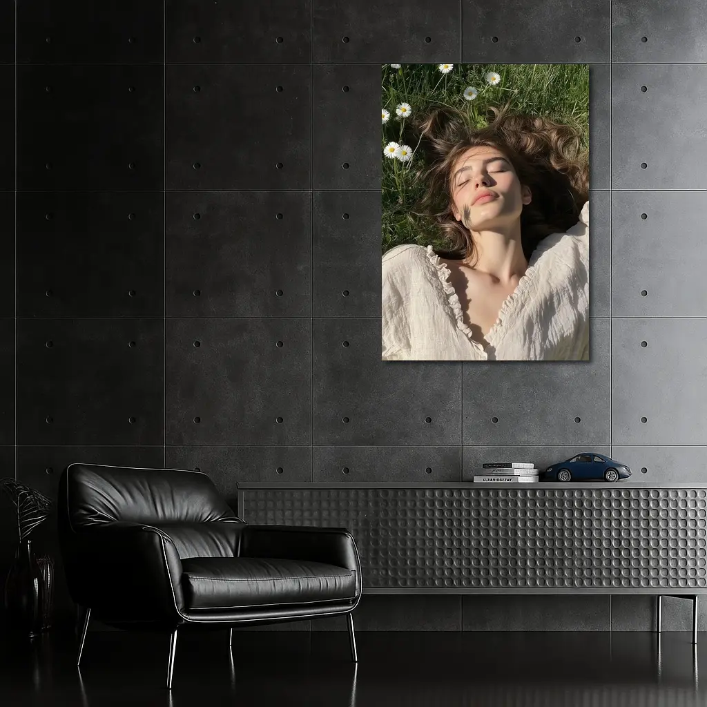 Young Woman Lying in Daisy Flower Field – Wall Art