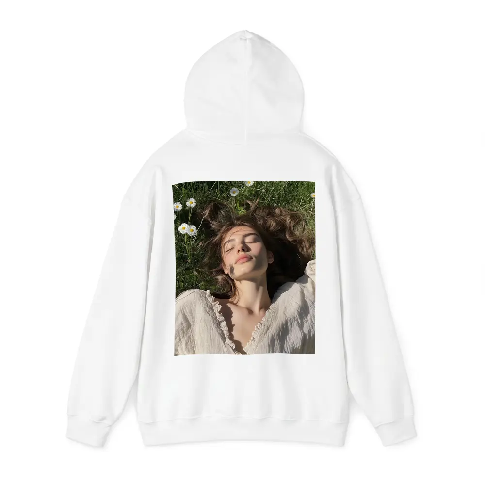 Young Woman Lying in Daisy Flower Field – Hoodies