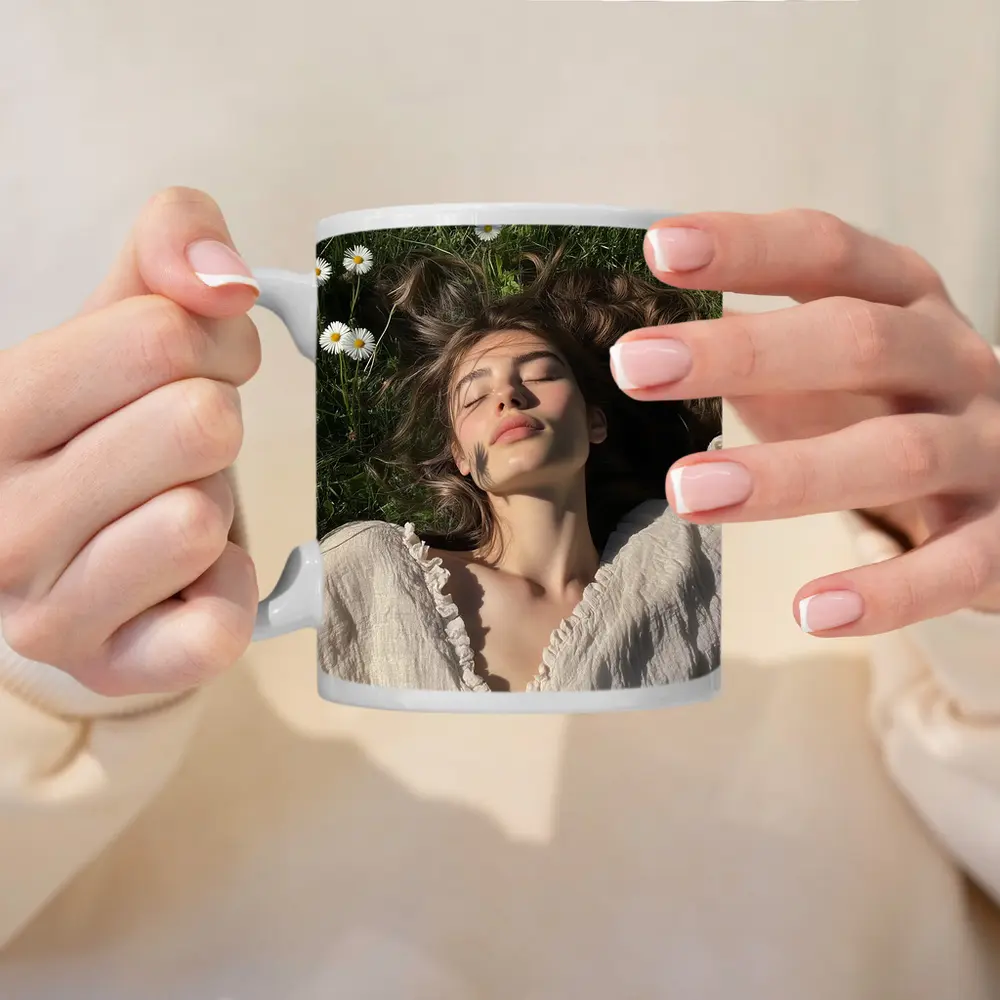 Young Woman Lying in Daisy Flower Field – Mugs