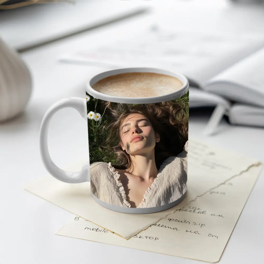 Young Woman Lying in Daisy Flower Field – Mugs