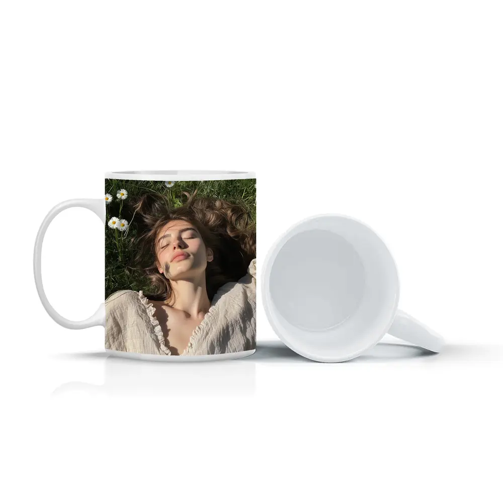 Young Woman Lying in Daisy Flower Field – Mugs