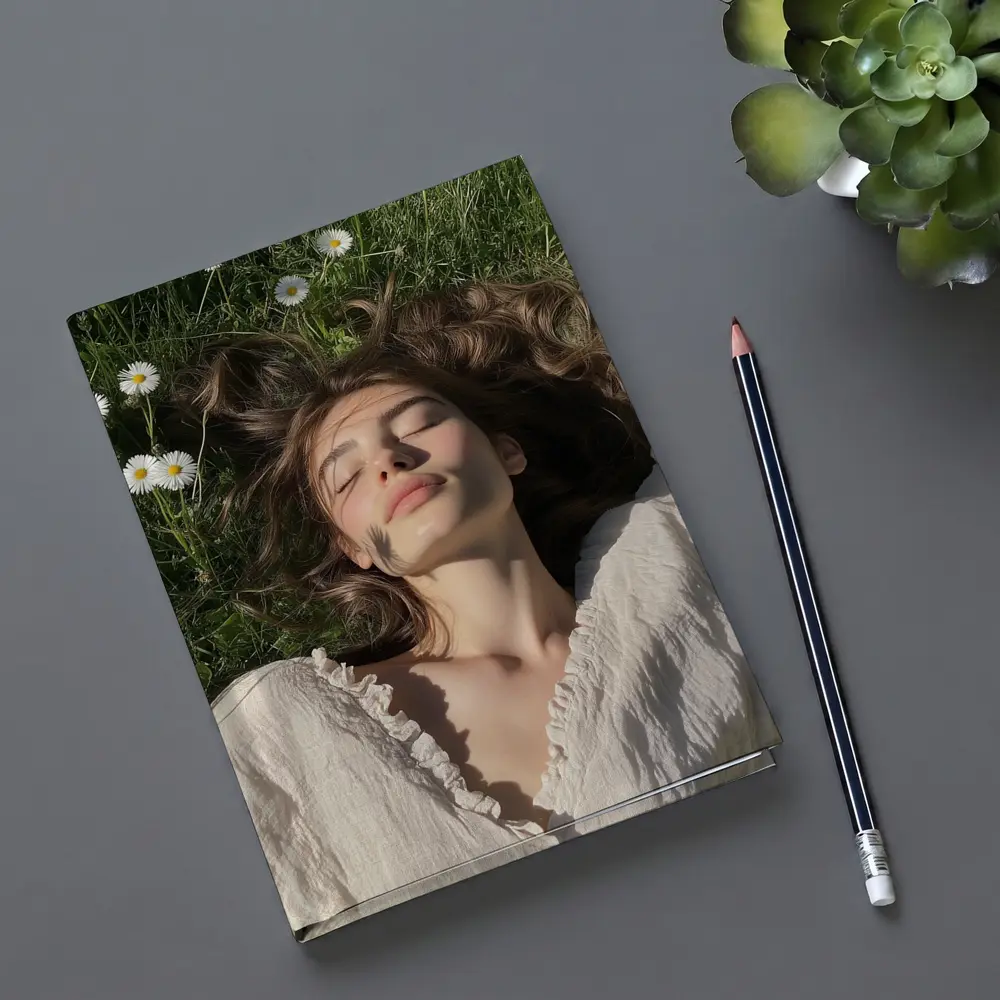 Young Woman Lying in Daisy Flower Field – Notebooks