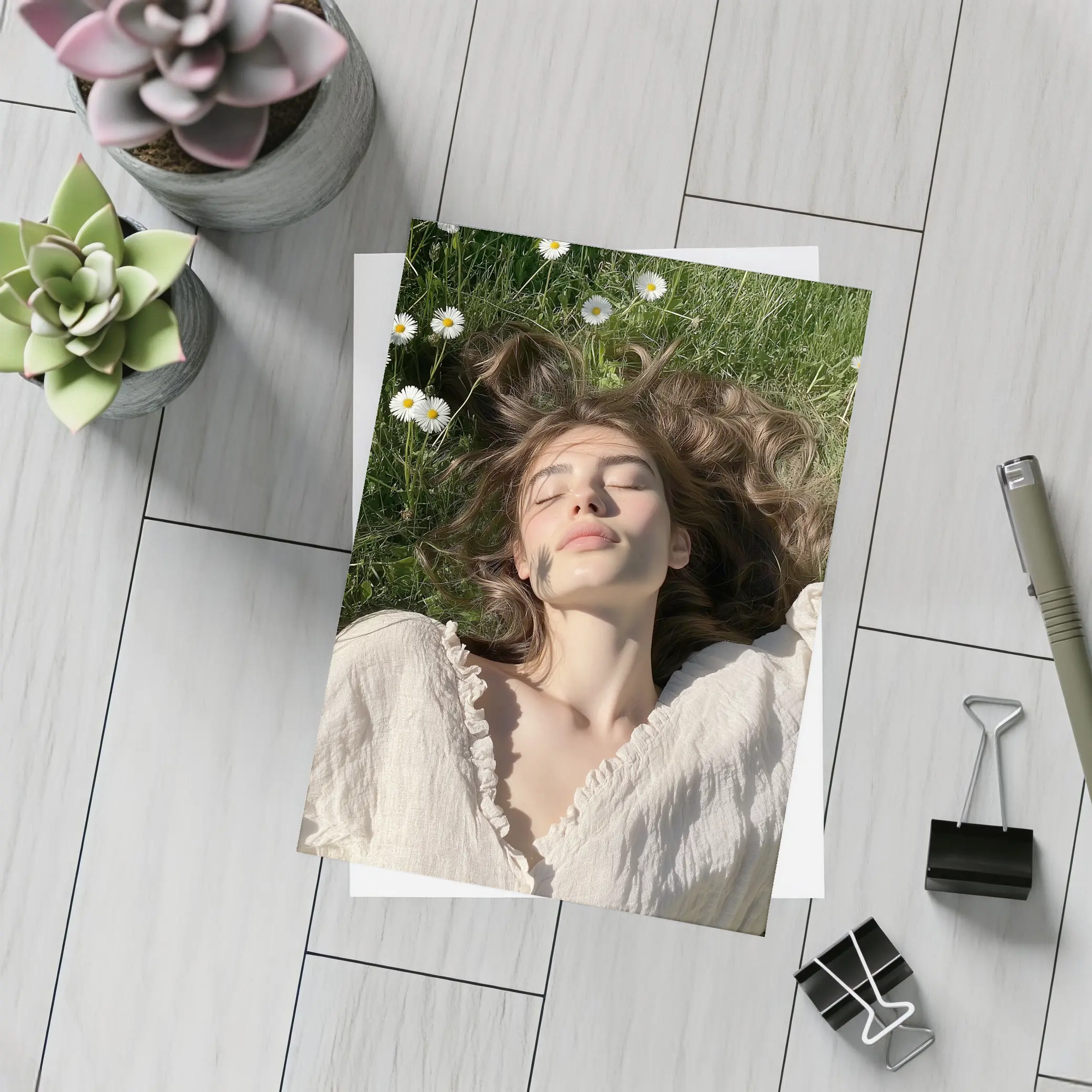 Young Woman Lying in Daisy Flower Field – Postcards