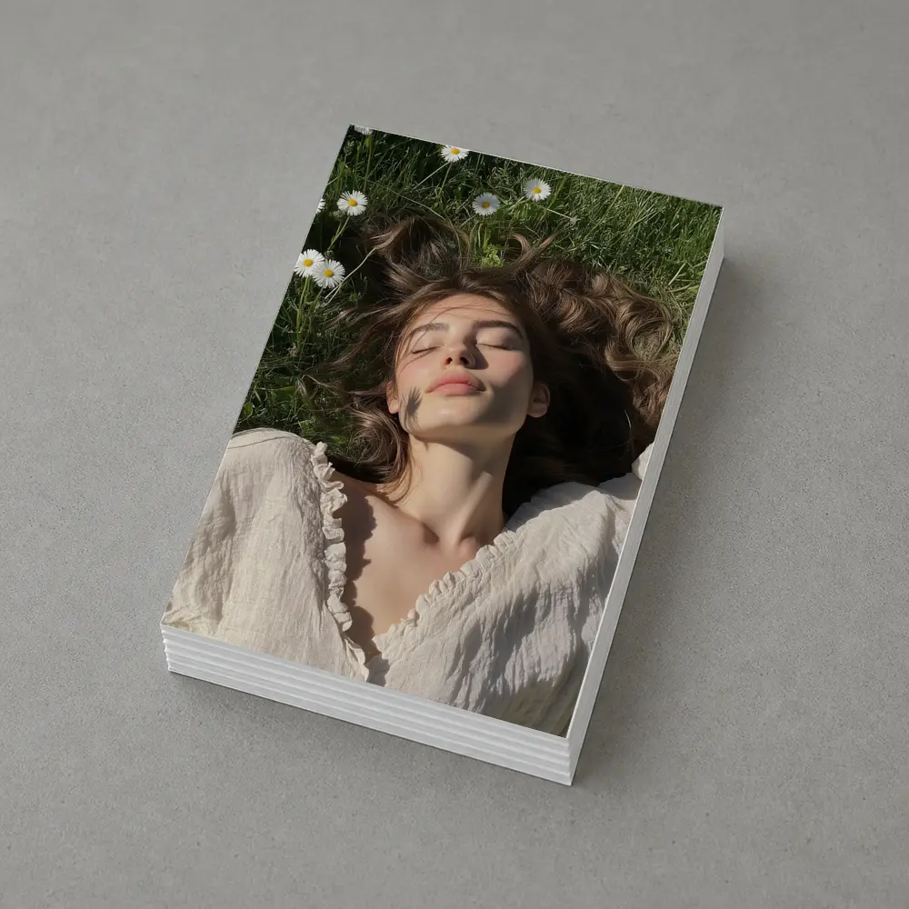 Young Woman Lying in Daisy Flower Field – Postcards