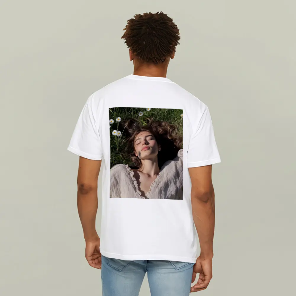 Young Woman Lying in Daisy Flower Field – T-Shirts