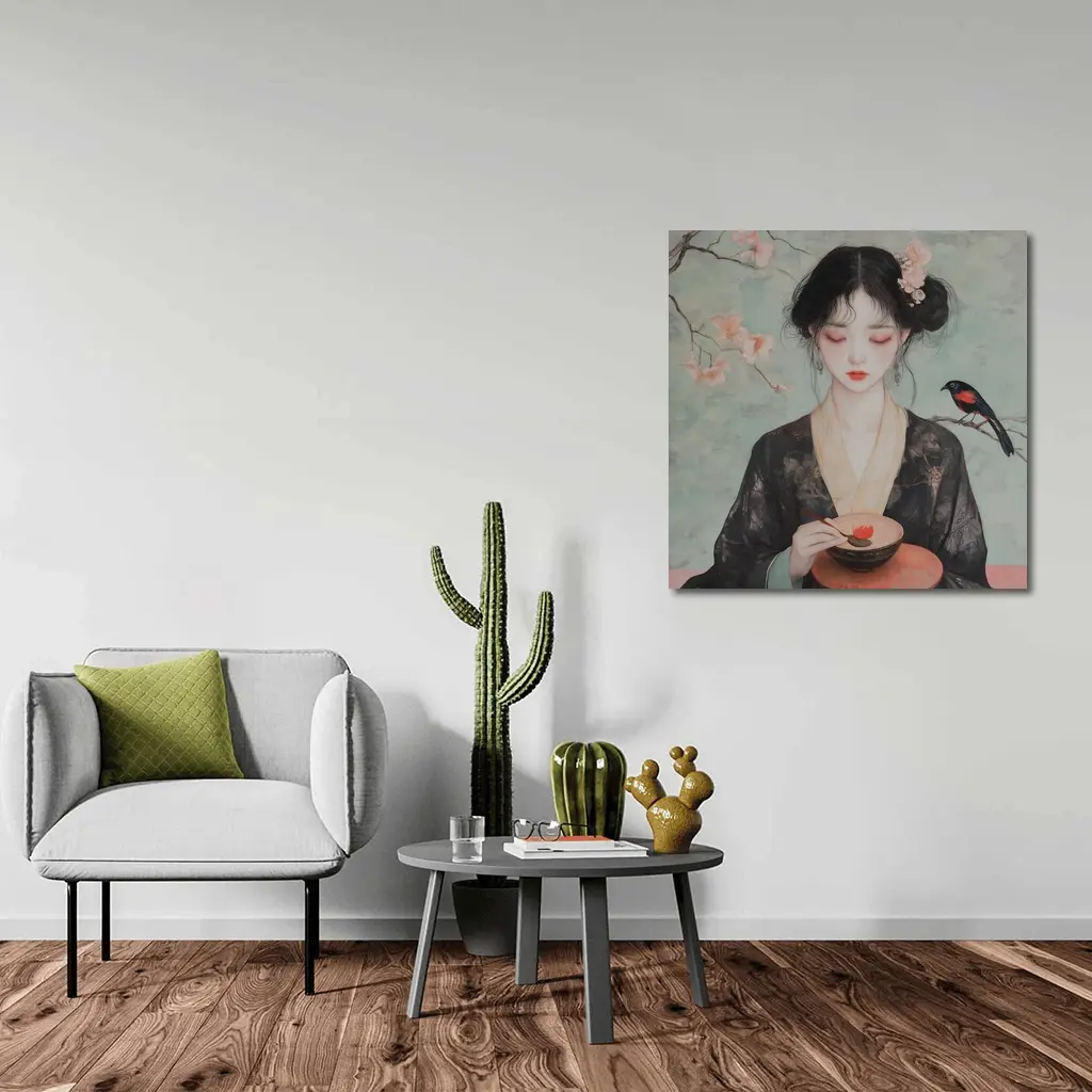 Japanese Woman Cherry Blossoms Bird Painting – Wall Art