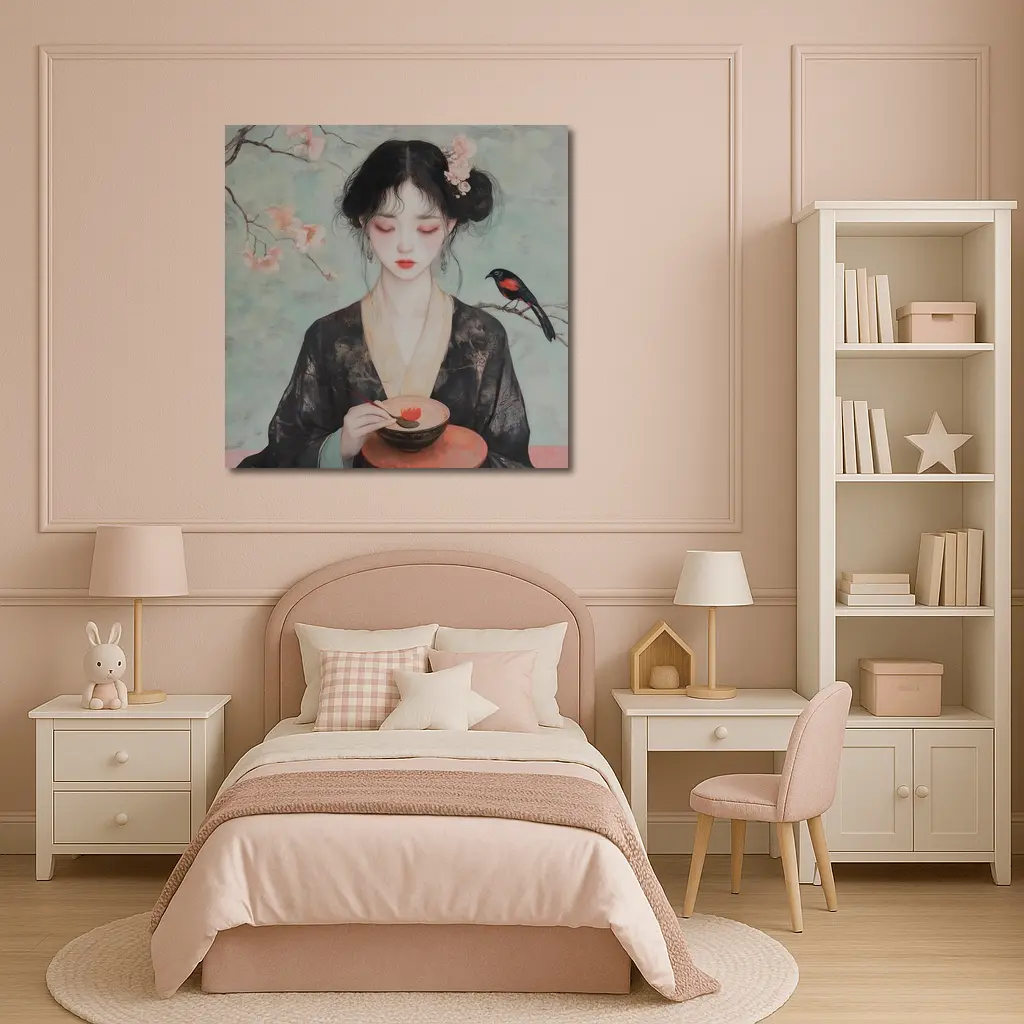 Japanese Woman Cherry Blossoms Bird Painting – Wall Art