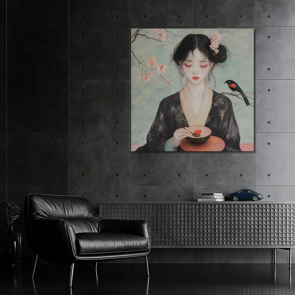 Japanese Woman Cherry Blossoms Bird Painting – Wall Art