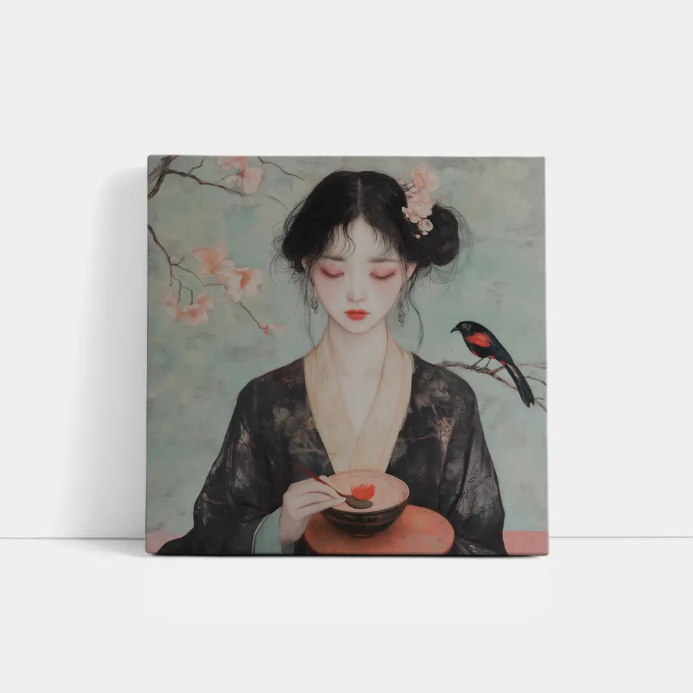 Japanese Woman Cherry Blossoms Bird Painting – Wall Art