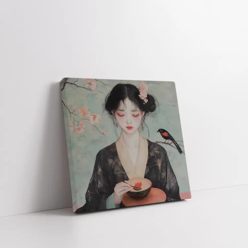 Japanese Woman Cherry Blossoms Bird Painting – Wall Art