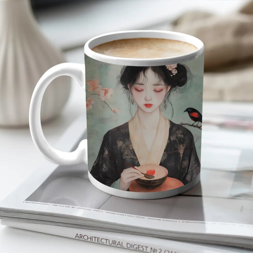 Japanese Woman Cherry Blossoms Bird Painting – Mugs
