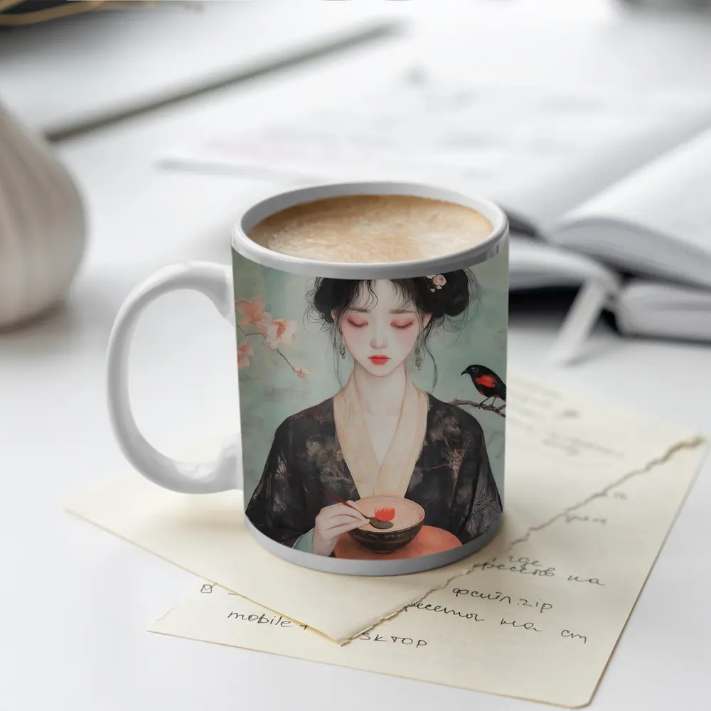 Japanese Woman Cherry Blossoms Bird Painting – Mugs