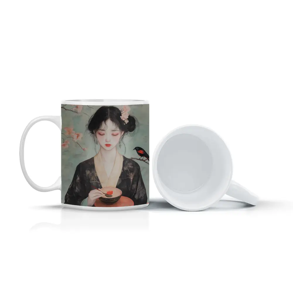Japanese Woman Cherry Blossoms Bird Painting – Mugs