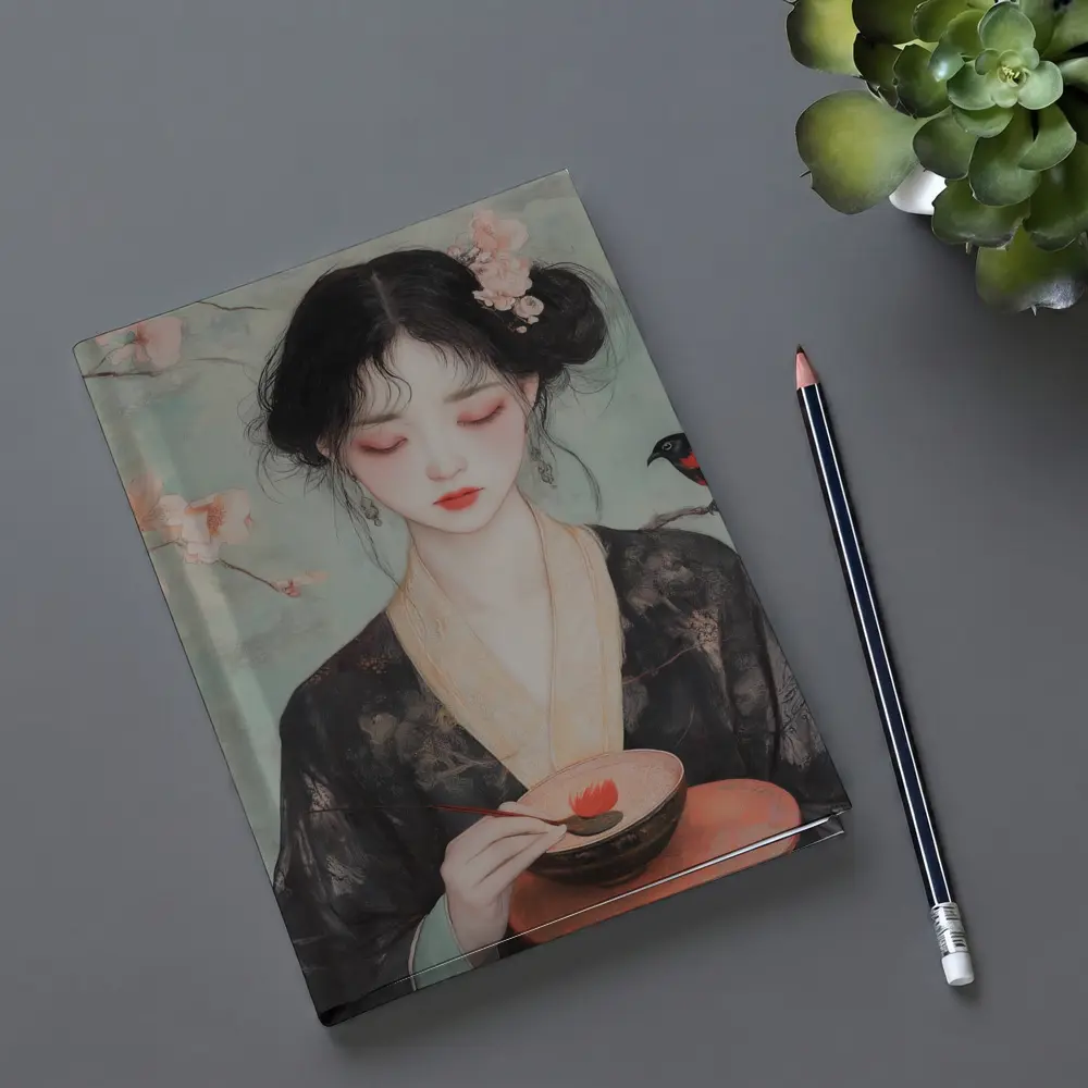 Japanese Woman Cherry Blossoms Bird Painting – Notebooks