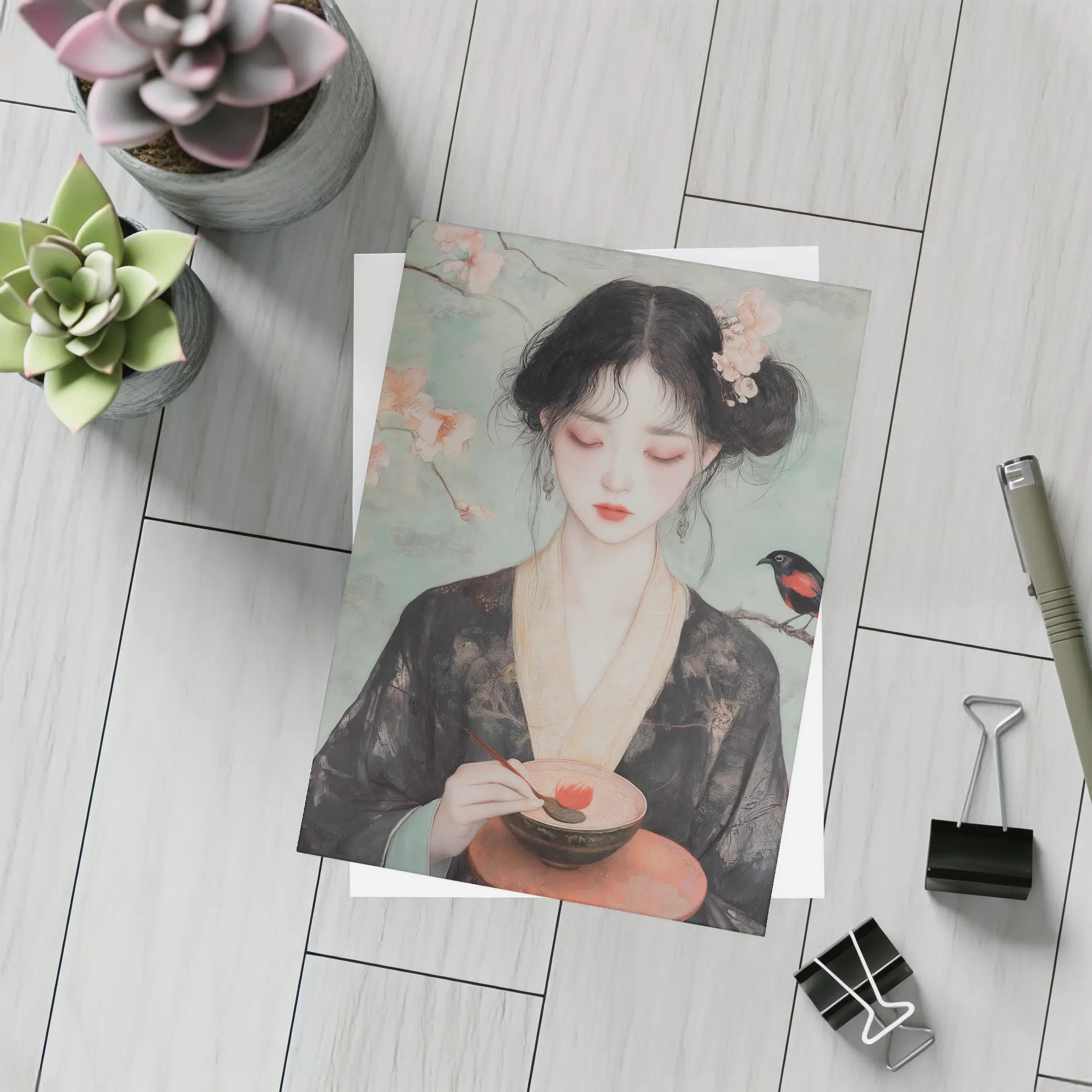 Japanese Woman Cherry Blossoms Bird Painting – Postcards