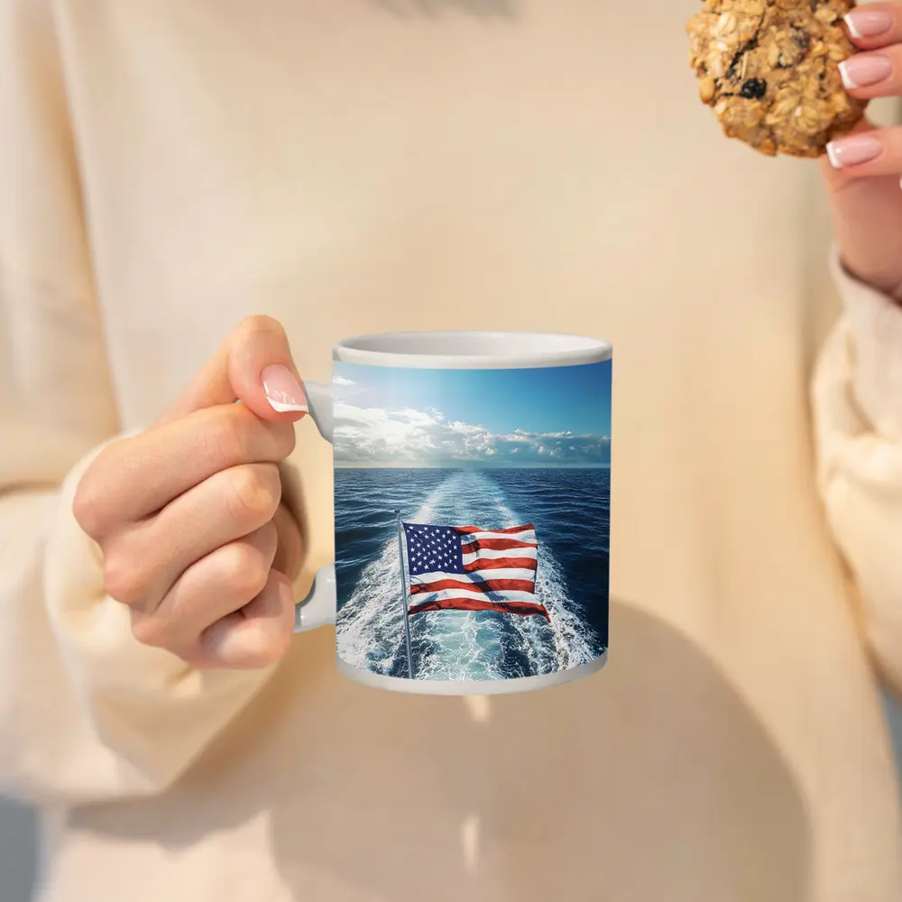 American Flag On Boat Ocean Wake – Mugs