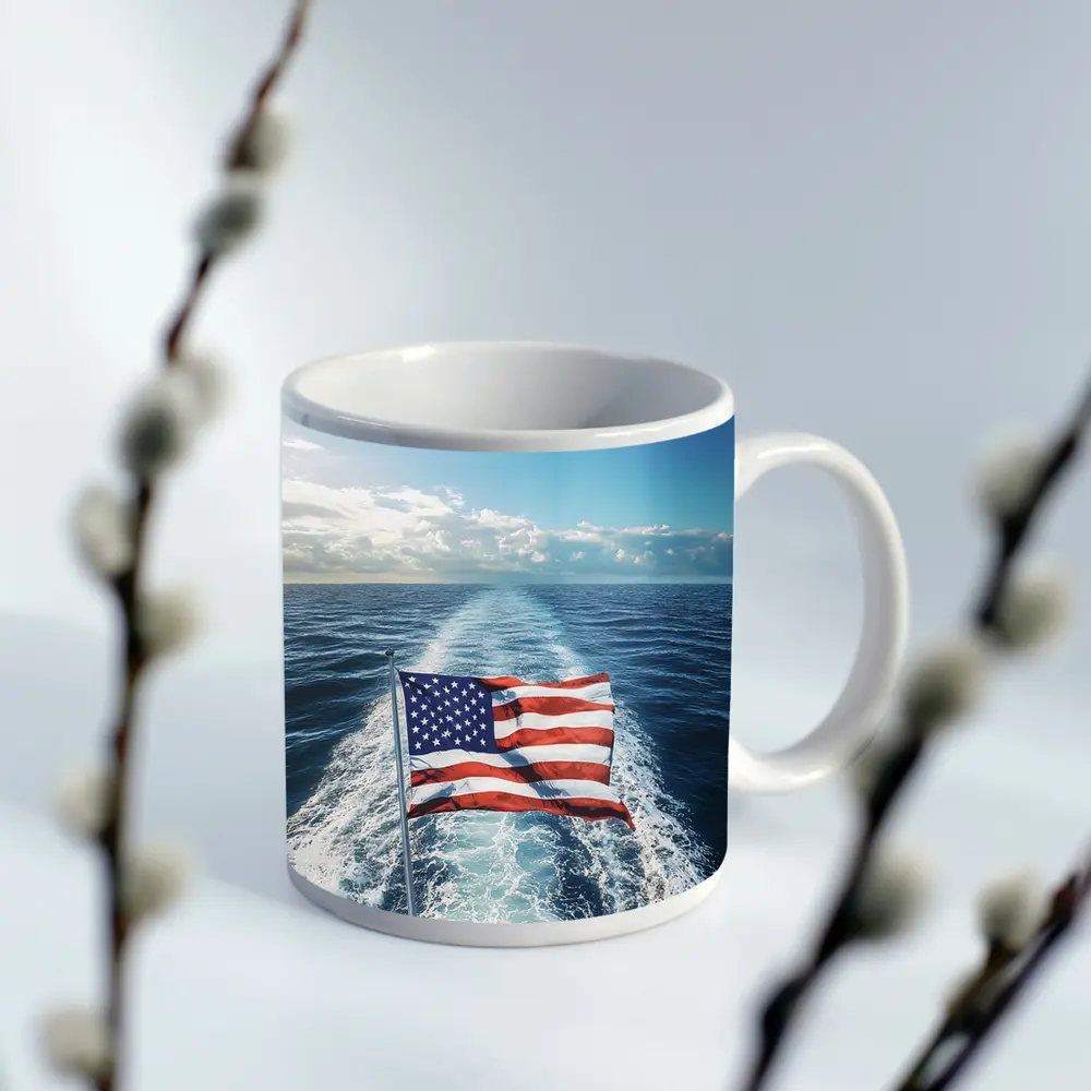 American Flag On Boat Ocean Wake – Mugs