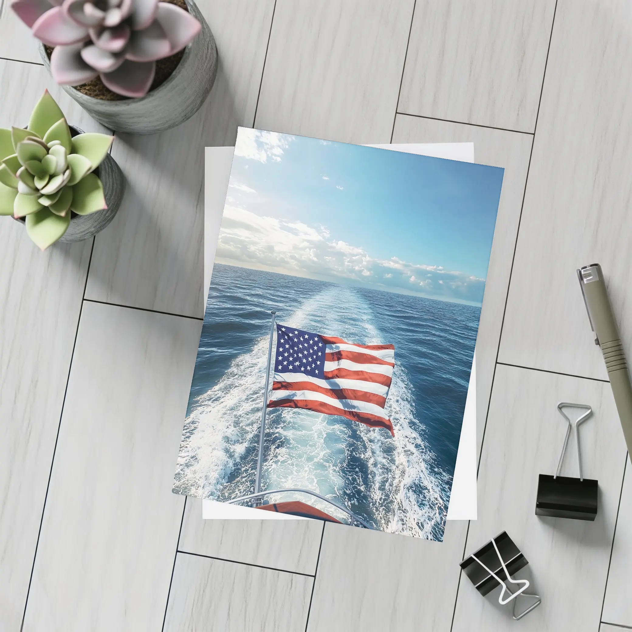 American Flag On Boat Ocean Wake – Postcards