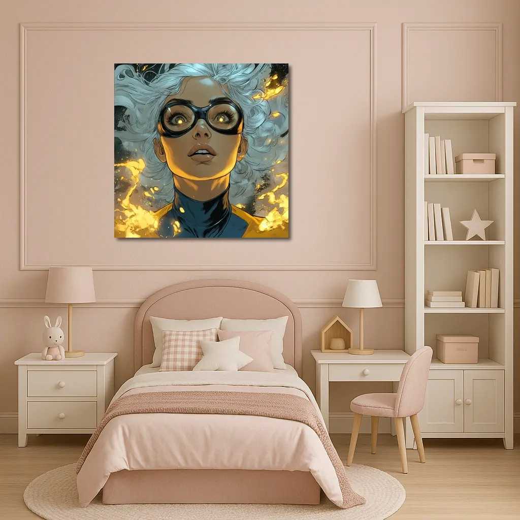 Comic Style Superhero Woman Fire Background – Wall Art