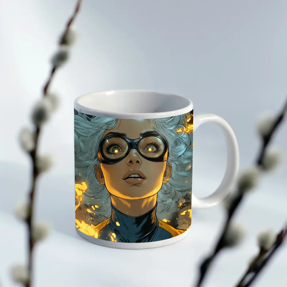Comic Style Superhero Woman Fire Background – Mugs