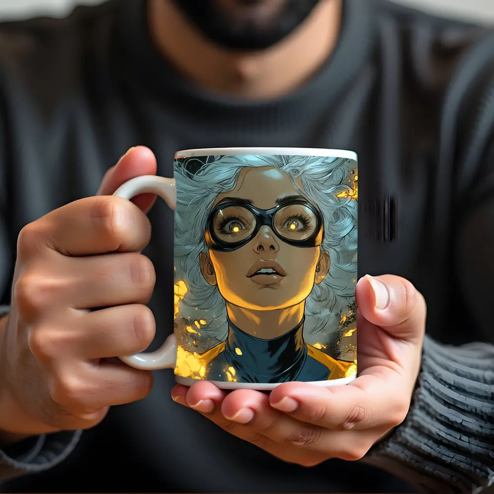 Comic Style Superhero Woman Fire Background – Mugs