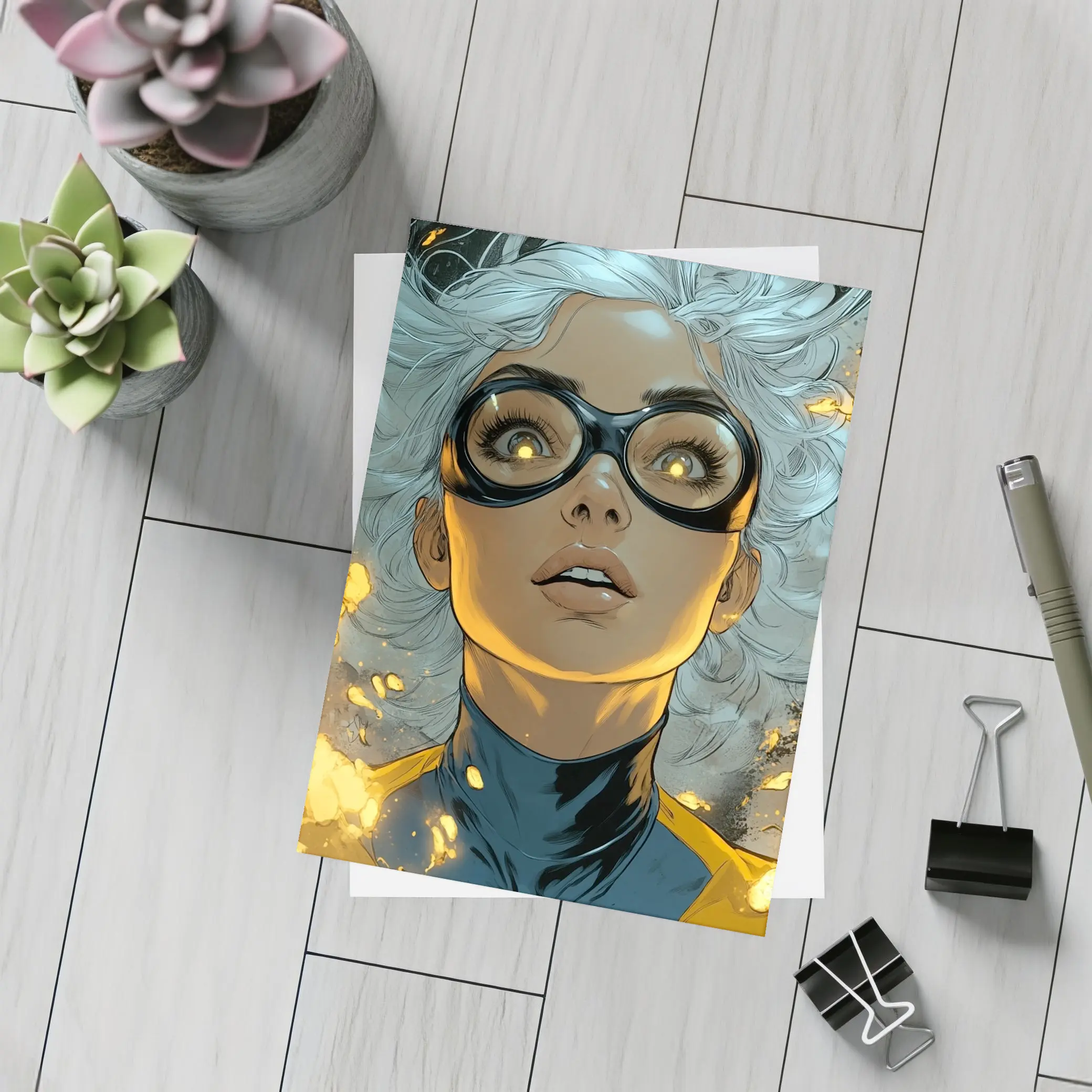Comic Style Superhero Woman Fire Background – Postcards