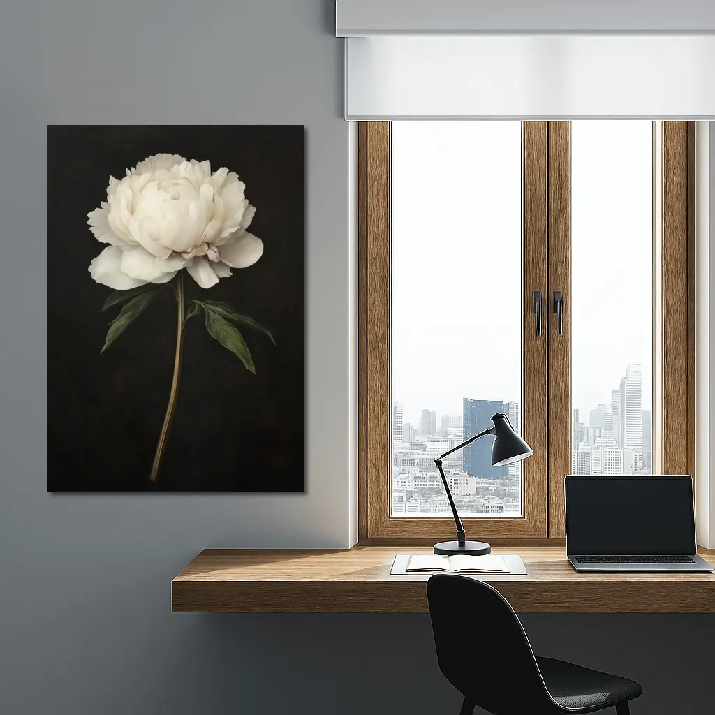 White Peony Dark Background Botanical Oil Painting – Wall Art