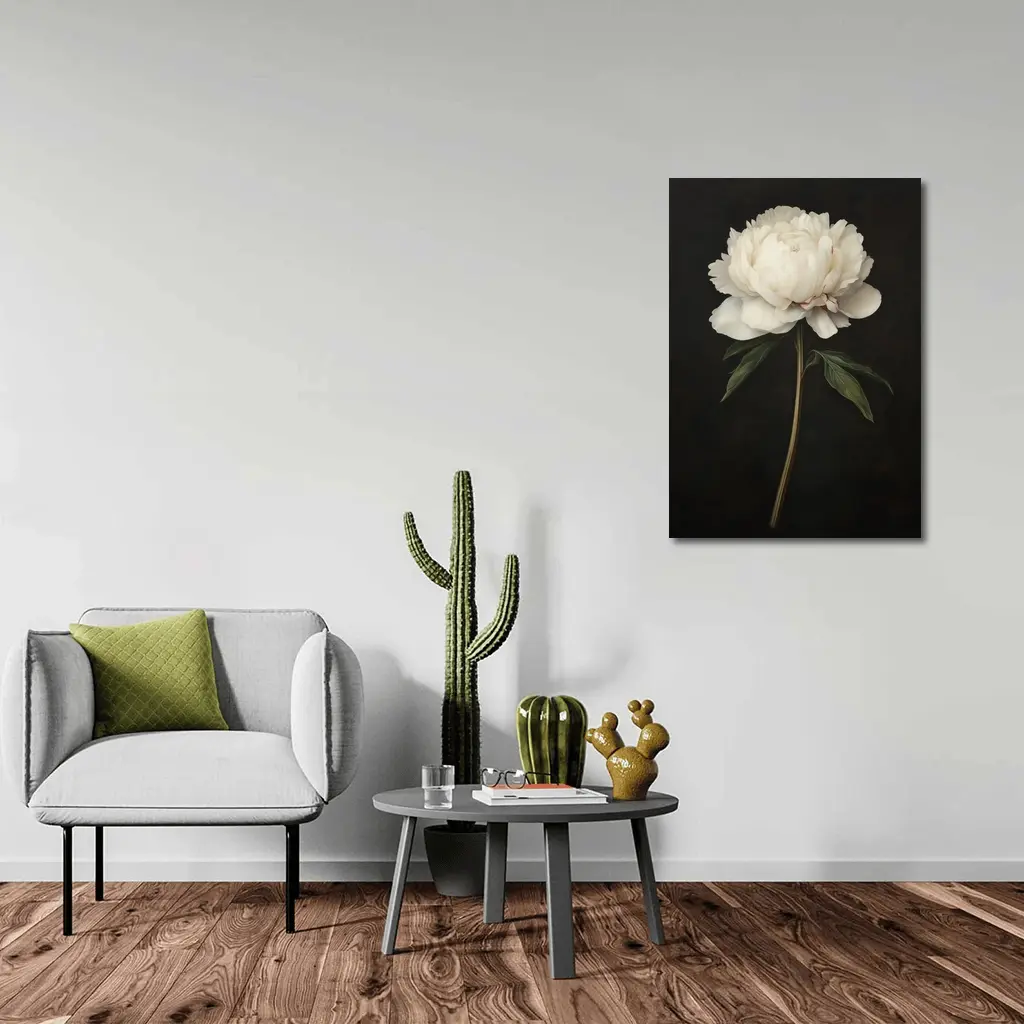 White Peony Dark Background Botanical Oil Painting – Wall Art