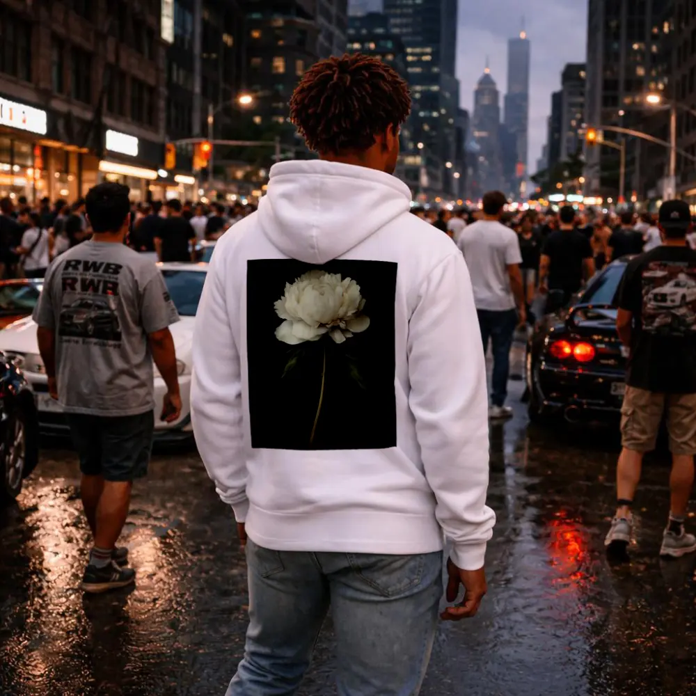 White Peony Dark Background Botanical Oil Painting – Hoodies