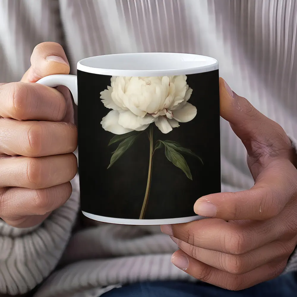 White Peony Dark Background Botanical Oil Painting – Mugs