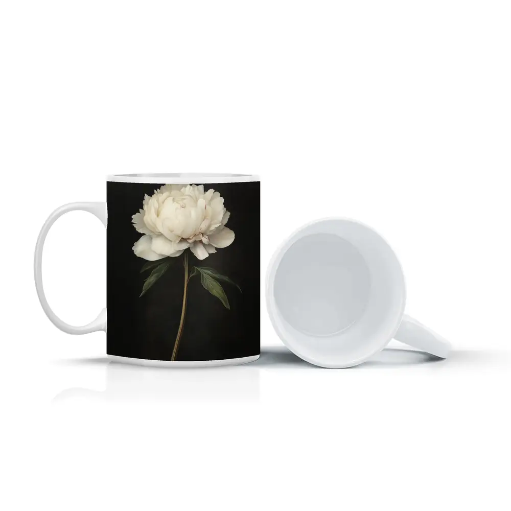 White Peony Dark Background Botanical Oil Painting – Mugs