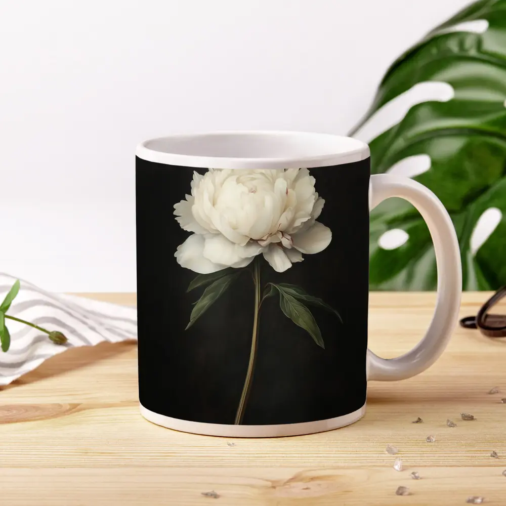 White Peony Dark Background Botanical Oil Painting – Mugs