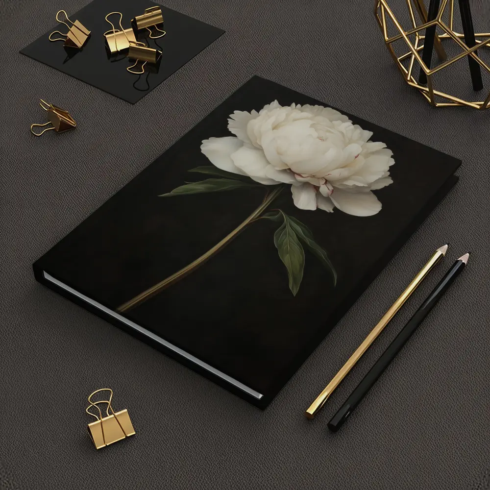 White Peony Dark Background Botanical Oil Painting – Notebooks