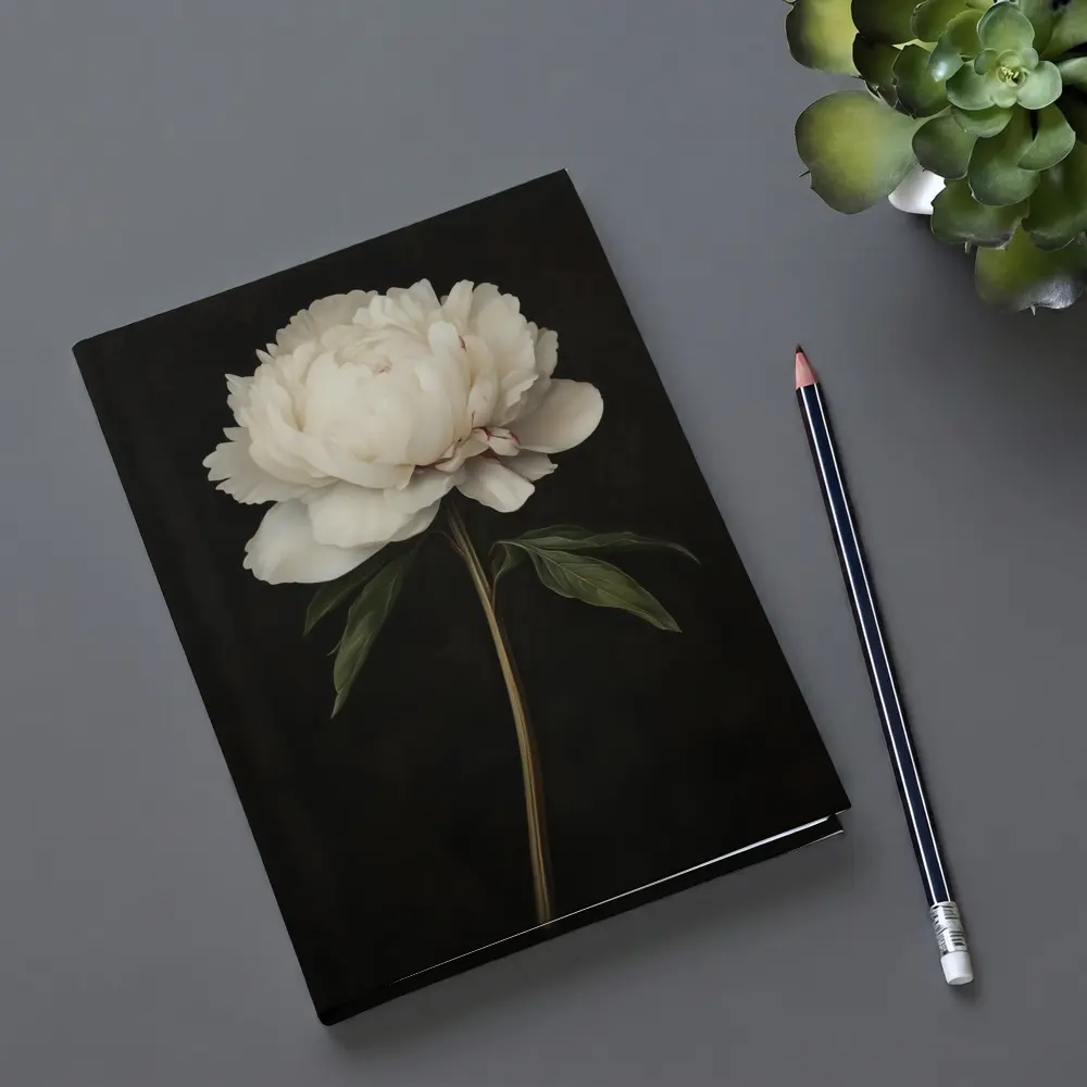 White Peony Dark Background Botanical Oil Painting – Notebooks
