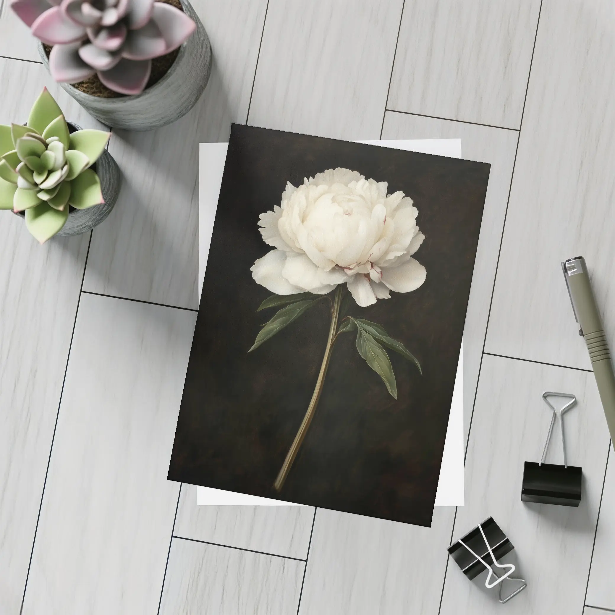 White Peony Dark Background Botanical Oil Painting – Postcards