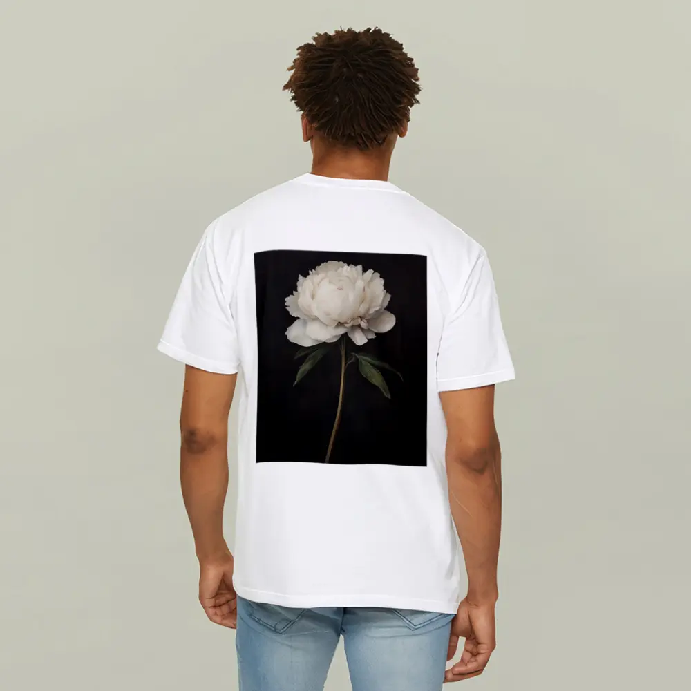 White Peony Dark Background Botanical Oil Painting – T-Shirts