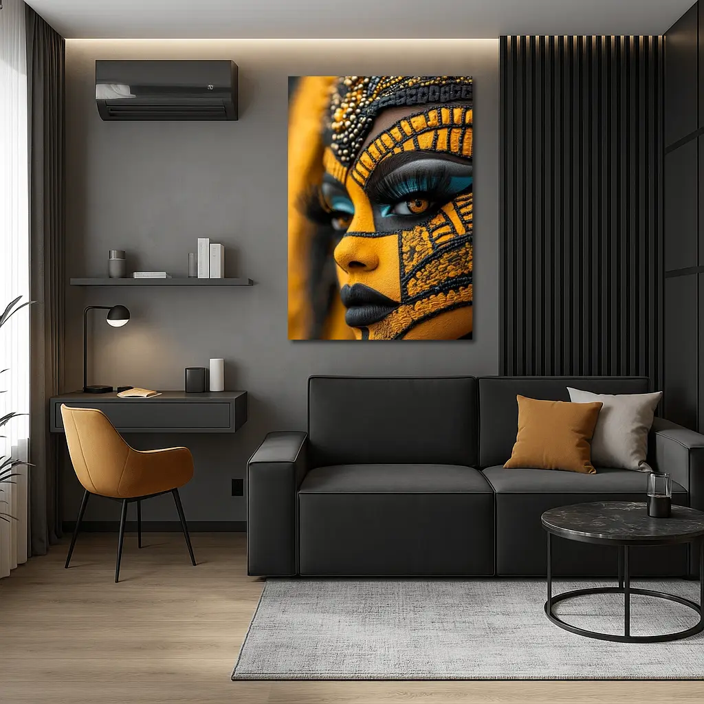 African Tribal Face Art Gold Black – Wall Art