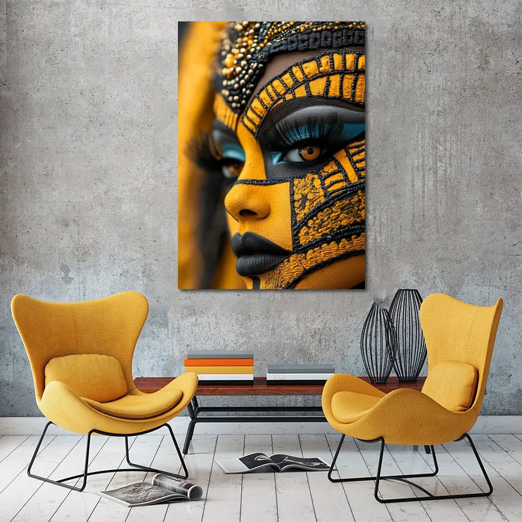 African Tribal Face Art Gold Black – Wall Art