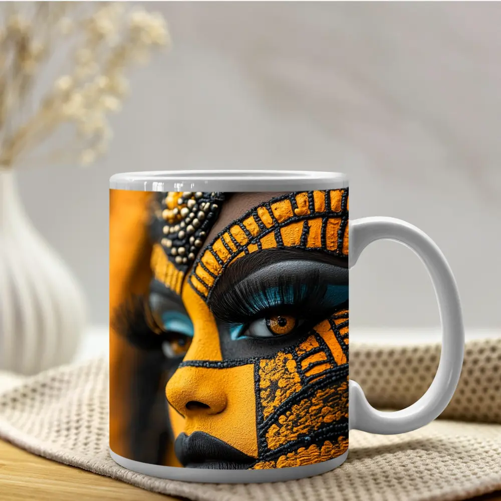African Tribal Face Art Gold Black – Mugs