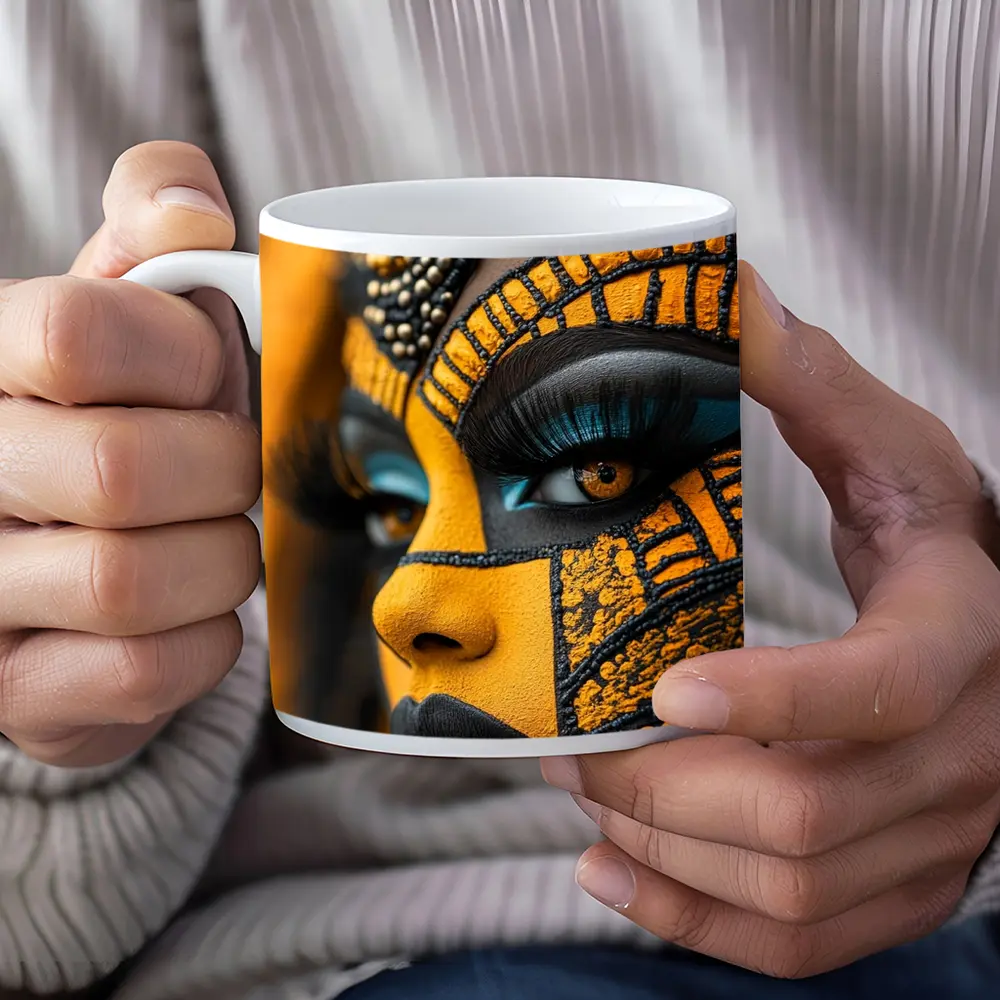 African Tribal Face Art Gold Black – Mugs