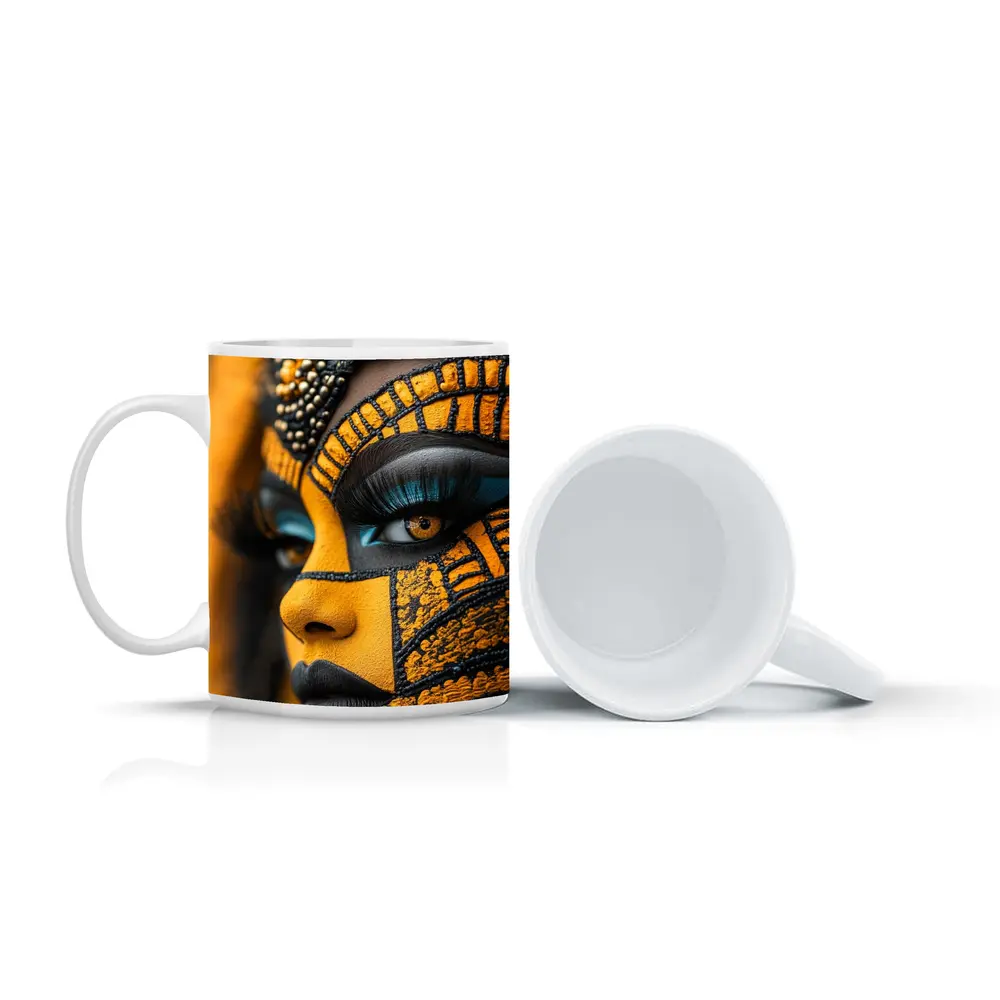 African Tribal Face Art Gold Black – Mugs